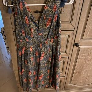 Elegant Floral Midi Dress - Navy and Coral With Gold Thread